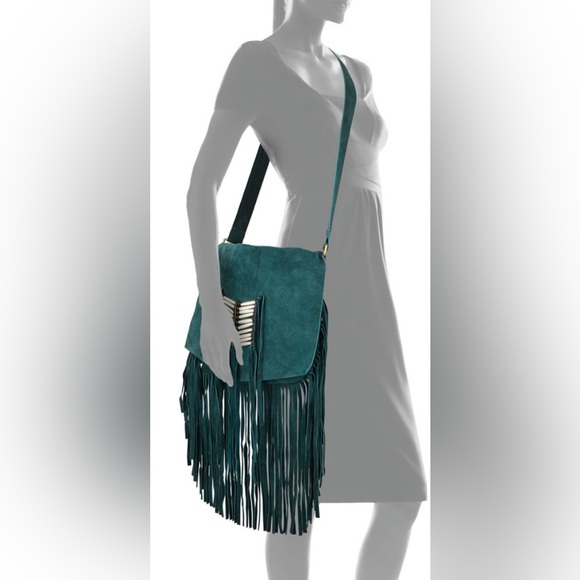 Highly sought after RAJ suede crossbody w/chevron front beading & fringe trim. - Picture 4 of 14